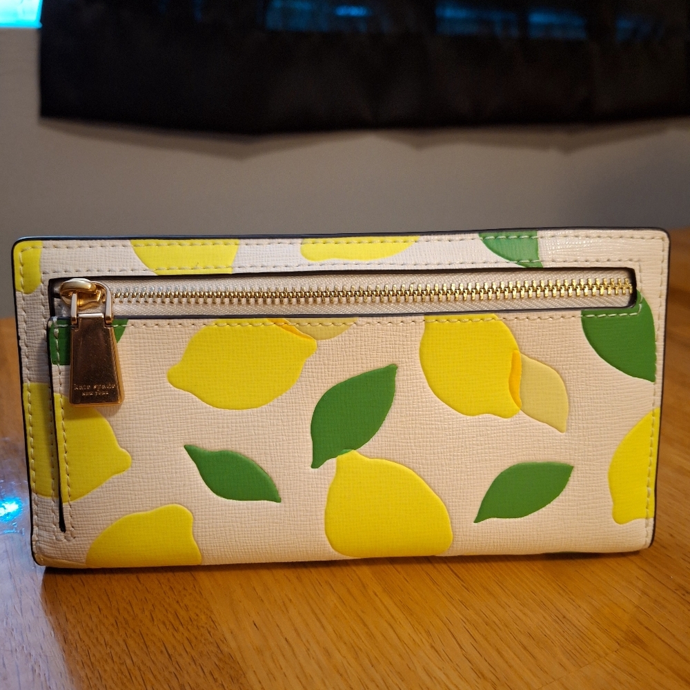 Kate Spade Lemon Printed Slim Bifold Wallet, Cap/ Hat, And Bag Charm Keychain - Picture 11 of 16